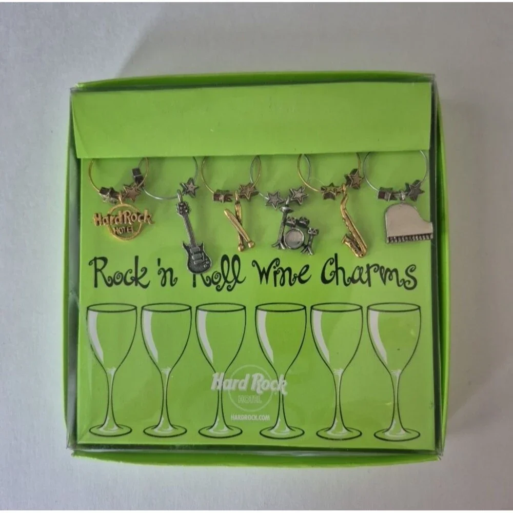 Hard Rock Hotel Set of 6 Rock N Roll Wine Bottle Charms Guitar Drums Piano Sax